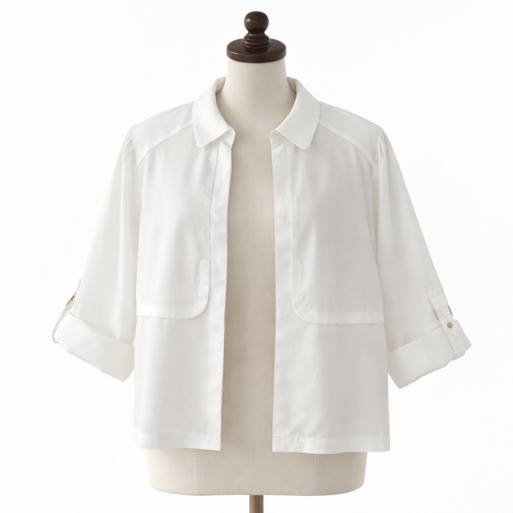 Chico’s Women’s White Open Front Jacket 100% Lyocell Size 1 Rolled Up Sleeves